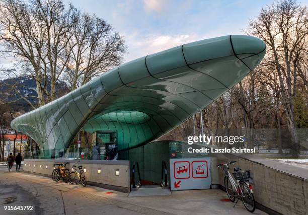 The station of the Hungerburgbahn is seen at the Rennweg on January 26, 2018 in Innsbruck, Austria. The new Hungerburg Funicular was designed by star...
