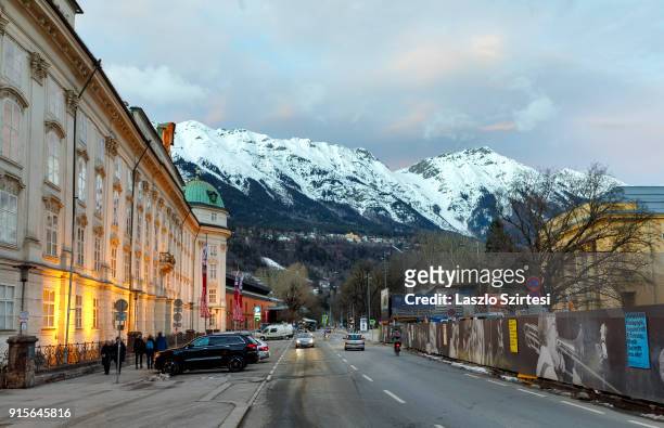 The Hofburg and the Alps are seen at the Rennweg on January 26, 2018 in Innsbruck, Austria.