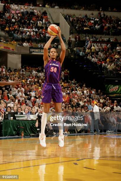 Tangela Smith of the Phoenix Mercury shoots against the Indiana Fever during Game Four of the WNBA Finals on October 7, 2009 at Conseco Fieldhouse in...