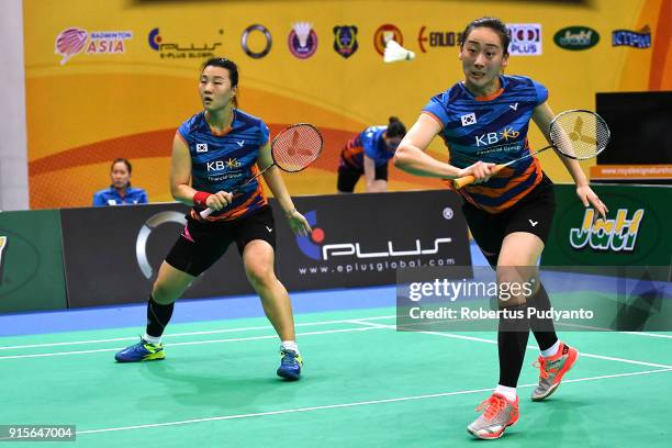 Lee So Hee and Shin Seung Chan of Korea compete against Hsu Ya Ching and Wu Ti Jung of Chinese Taipei during the E-Plus Badminton Asia Team...