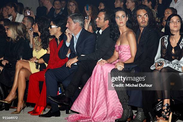 Bria Valente, Prince, Sidney Toledano, Alexis Roche, Katy Perry, Russell Brand and Leigh Lezark attends John Galliano Pret a Porter show as part of...