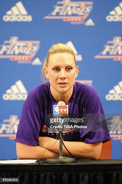 Penny Taylor of the Phoenix Mercury speaks to the media after Game Four of the WNBA Finals on October 7, 2009 at Conseco Fieldhouse in Indianapolis,...