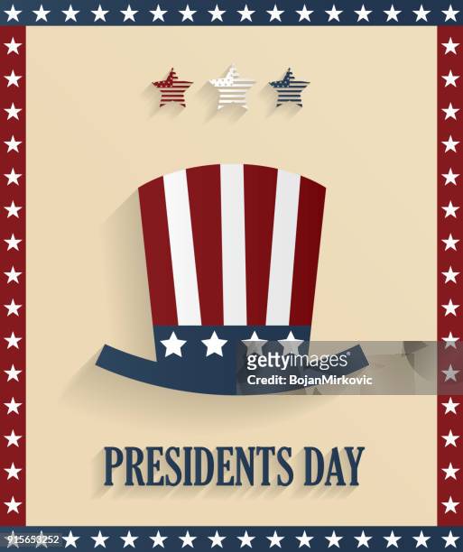 ilustraciones, imágenes clip art, dibujos animados e iconos de stock de cartel del día de presidentes con sombrero. borde de estrellas. ilustración de vector. - presidents day