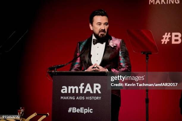 Chris Salgardo speaks onstage during the 2018 amfAR Gala New York at Cipriani Wall Street on February 7, 2018 in New York City.