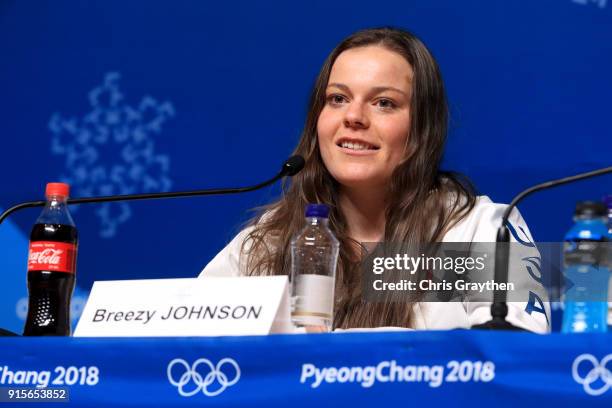 United States Women's Alpine Speed Skier Breezy Johnson attends a press conference at the Main Press Centre during previews ahead of the PyeongChang...