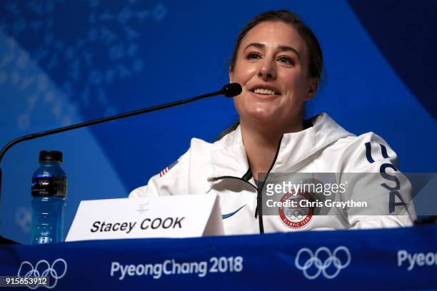 United States Women's Alpine Speed Skier Stacey Cook attends a press conference at the Main Press Centre during previews ahead of the PyeongChang...