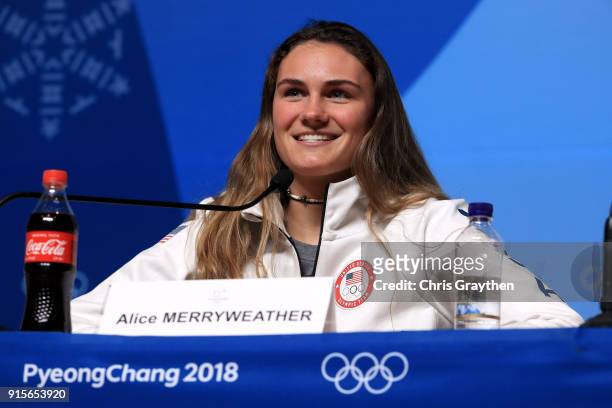 United States Women's Alpine Speed Skier Alice Merryweather attends a press conference at the Main Press Centre during previews ahead of the...