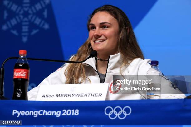 United States Women's Alpine Speed Skier Alice Merryweather attends a press conference at the Main Press Centre during previews ahead of the...