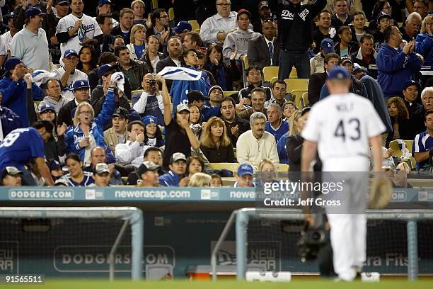 Pitcher Randy Wolf of the Los Angeles Dodgers is taken out of the game in the fourth inning against the St. Louis Cardinals in Game One of the NLDS...