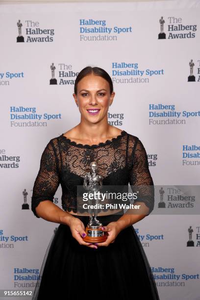 Lisa Carrington poses with the Sportswoman of the Year award at the 55th Halberg Awards at Spark Arena on February 8, 2018 in Auckland, New Zealand.