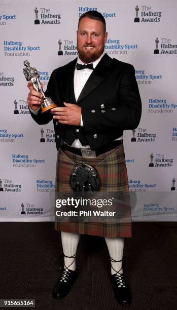 Tom Walsh poses with the Sportsman of the Year award at the 55th Halberg Awards at Spark Arena on February 8, 2018 in Auckland, New Zealand.