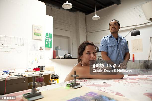 Artists Nick Pimentel and Sarah McLaughlin share a workspace with Kristina Bilonick in their space at Gold Leaf Studios in northwest Washington, DC...
