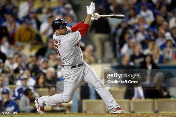 Albert Pujols of the St. Louis Cardinals swings against the Los Angeles Dodgers in Game One of the NLDS during the 2009 MLB Playoffs at Dodger...