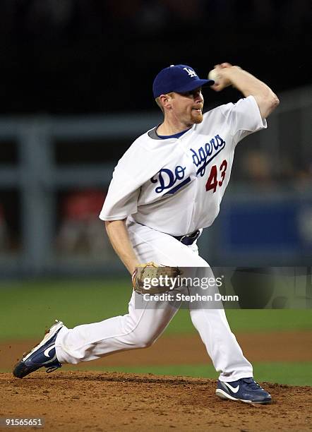 Pitcher Randy Wolf of the Los Angeles Dodgers on the mound in the fourth inning against the St. Louis Cardinals in Game One of the NLDS during the...