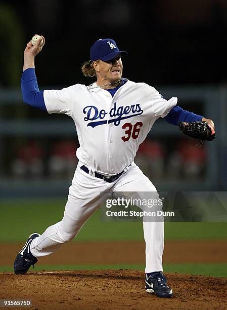 Pitcher Jeff Weaver of the Los Angeles Dodgers on the mound in the fourth inning against the St. Louis Cardinals in Game One of the NLDS during the...