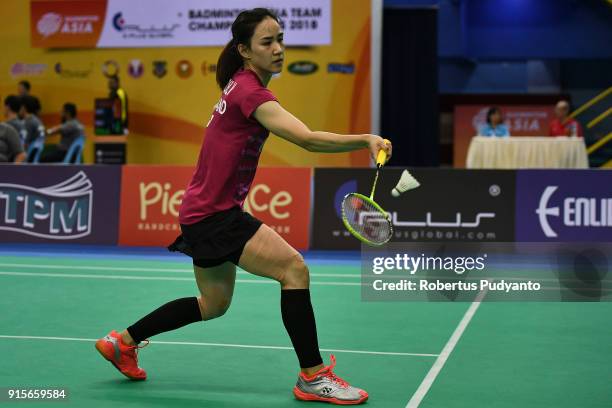 Nitchaon Jindapol of Thailand competes against Soniia Cheah of Malaysia during the E-Plus Badminton Asia Team Championships 2018 at Sultan Abdul...