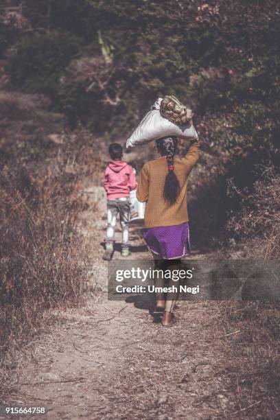 portrait of indian village girl carrying a rice bundle and vegetable bag on her head - black woman slave stock pictures, royalty-free photos & images