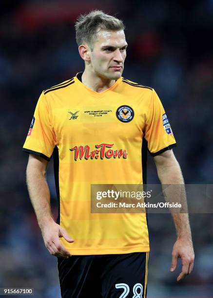 Mickey Demetriou of Newport County during the FA Cup Fourth Round replay between Tottenham Hotspur and Newport County at Wembley Stadium on February...