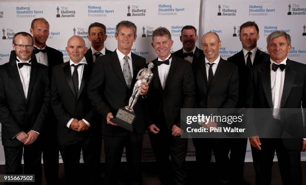 Emirates Team New Zealand pose with the Halberg Award during the 55th Halberg Awards at Spark Arena on February 8, 2018 in Auckland, New Zealand.