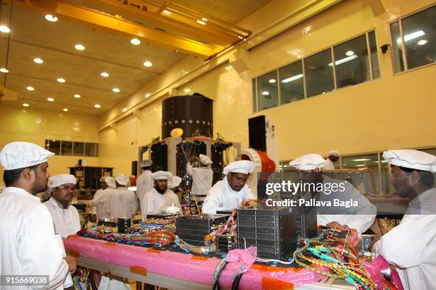 Space engineers at work in making the Chandryaan-2 spacecraft. The Indian Space Research Organisation or ISRO is putting finishing touches to India's...