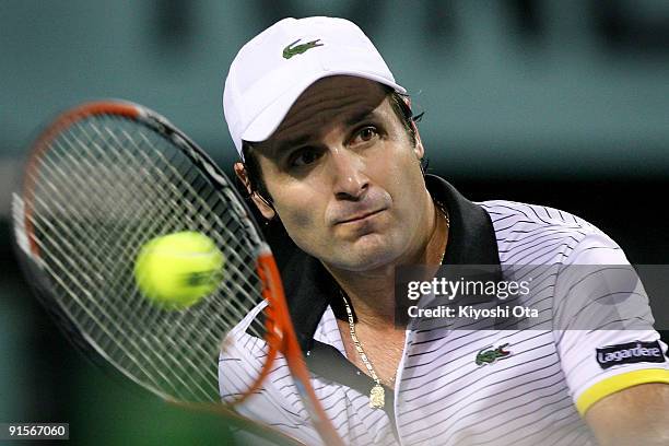 Fabrice Santoro of France returns a shot in his match against Lleyton Hewitt of Australia during day four of the Rakuten Open Tennis tournament at...