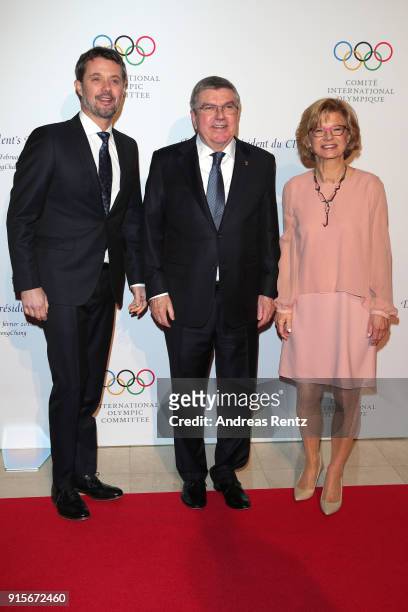President Thomas Bach and his wife Claudia Bach pose Crown Prince Frederik of Denmark at the IOC President's Dinner ahead of the PyeongChang 2018...