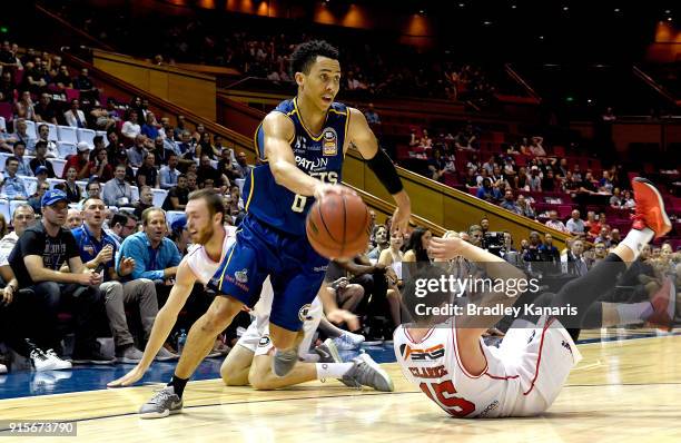 Travis Trice of the Bullets breaks through the defence during the round 18 NBL match between the Brisbane Bullets and the Illawarra Hawks at Brisbane...