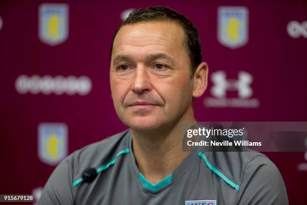 Colin Calderwood assistant manager of Aston Villa talks to the press during a press conference at the club's training ground at Bodymoor Heath on...