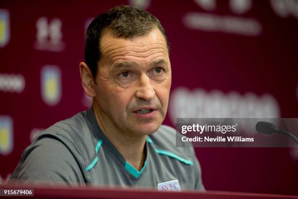 Colin Calderwood assistant manager of Aston Villa talks to the press during a press conference at the club's training ground at Bodymoor Heath on...
