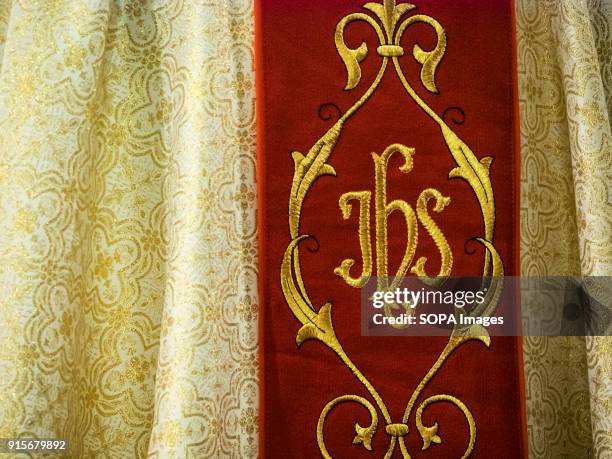 Detail of the ceremonial cloak of the bishop. In the Cathedral of St. Alexander of Kiev, the celebration of St. Maron's Day was held. Maron was a...