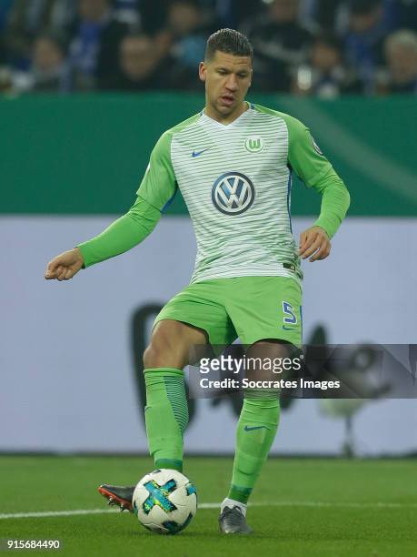 Jeffrey Bruma of VfL Wolfsburg during the German DFB Pokal match between Schalke 04 v VFL Wolfsburg at the Veltins Arena on February 7, 2018 in...