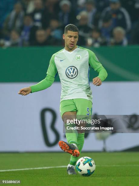 Jeffrey Bruma of VfL Wolfsburg during the German DFB Pokal match between Schalke 04 v VFL Wolfsburg at the Veltins Arena on February 7, 2018 in...