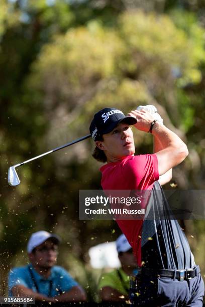 Sean Crocker of the USA plays his tee shot at the 8th hole during day one of the World Super 6 at Lake Karrinyup Country Club on February 8, 2018 in...