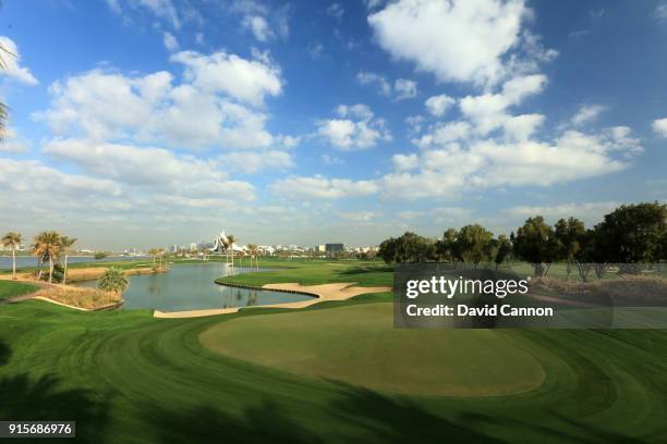 View from behind the green on the par 5, 10th hole at the Dubai Creek Golf Club on February 1, 2018 in Dubai, United Arab Emirates.