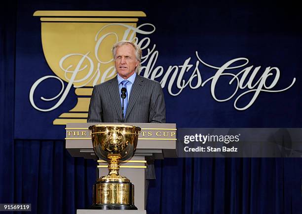 International Team Captain Greg Norman speaks during the opening ceremonies for The Presidents Cup at Harding Park Golf Club on October 7, 2009 in...