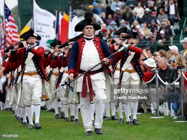 Members of the Mountain Fifes & Drums from Lake Arrowhead, CA. Match into the opening ceremonies during The Presidents Cup at Harding Park Golf Club...