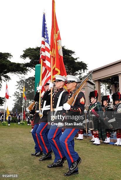 United States Marine Corps Color Guard present the colors during the opening ceremonies for The Presidents Cup at Harding Park Golf Club on October...