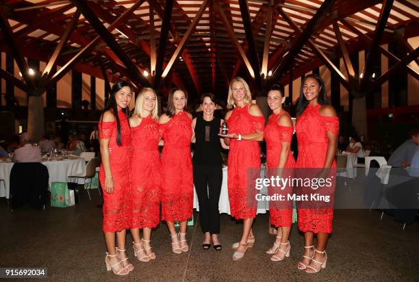 Lizette Cabrera, Daria Gavrilova, Ashleigh Barty, Casey Dellacqua and Destanee Aiava of Australia pose with Tennis Australia President Jayne Hrdlicka...