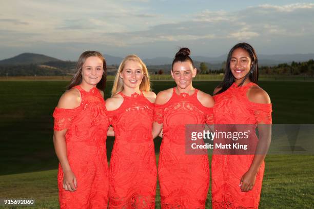 Ashleigh Barty, Daria Gavrilova, Casey Dellacqua and Destanee Aiava of Australia pose during the Official Dinner ahead of the Fed Cup tie between...