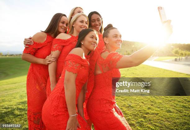 Casey Dellacqua takes a selfie with Australia team members Lizette Cabrera, Daria Gavrilova, Ashleigh Barty, Destanee Aiava and Australia captain...