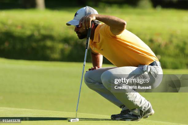 James Nitties of Australia lines up a putt at the 8th hole during day one of the World Super 6 at Lake Karrinyup Country Club on February 8, 2018 in...