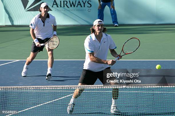 Jaroslav Levinsky of the Czech Republic and Christopher Kas of Germany play in their doubles match against Marco Chiudinelli of Switzerland and...