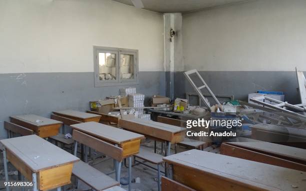 An inside view of a school after Russian airstrikes hit Mishmishan village of Idlib's Jisr al-Shughur district in Syria on February 07, 2018....