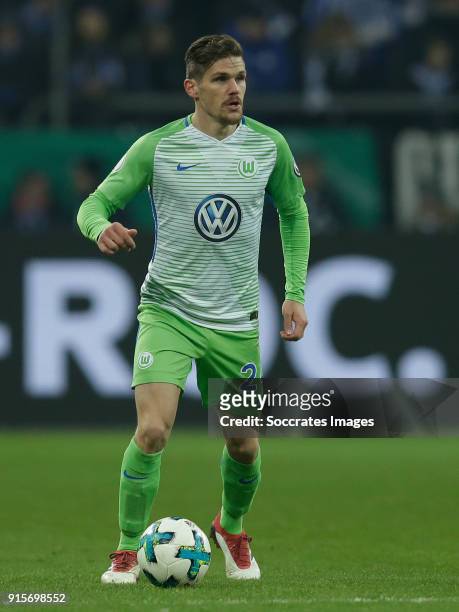 Sebastian Jung of VfL Wolfsburg during the German DFB Pokal match between Schalke 04 v VFL Wolfsburg at the Veltins Arena on February 7, 2018 in...