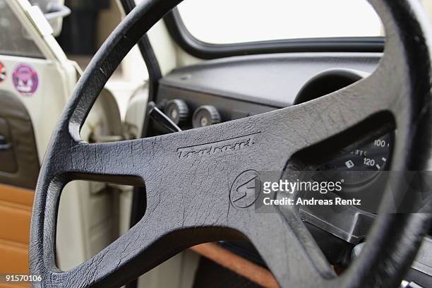 The steering wheel of a eastern German car, Trabant, is pictured at the border checkpoint Helmstedt-Marienborn memorial on October 7, 2009 in...