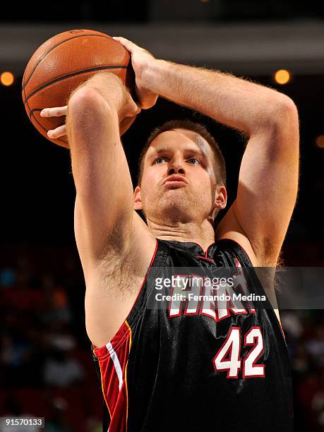 Miami Heat forward Shavlik Randolph attempts a free throw against the Orlando Magic during the pre-season game on October 7, 2008 at Amway Arena in...