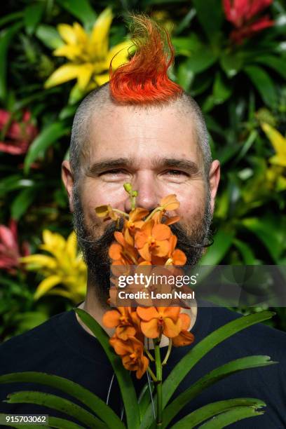 Florist Hank Roling poses with a Vanda orchid during a press preview of the Thai Orchid Festival at Kew Gardens on February 8, 2018 in London,...