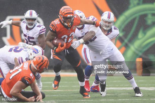 Jeremy Hill of the Cincinnati Bengals runs the football upfield during the game against the Buffalo Bills at Paul Brown Stadium on Ocotbe 8, 2017 in...