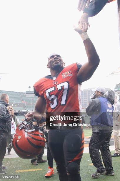 Vincent Rey of the Cincinnati Bengals celebrates with fans after the game against the Buffalo Bills at Paul Brown Stadium on Ocotbe 8, 2017 in...