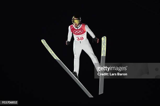 Manuel Fettner of Austria jumps during Men's Normal Hill Individual Trial Round for Qualification at Alpensia Ski Jumping Centre on February 8, 2018...
